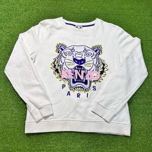 Kenzo Paris Sweatshirt LG White Pink Purple Tiger Embroidered Crewneck Pullover